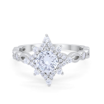 Floral Vintage Style Engagement Ring Round Simulated Cubic Zirconia 925 Sterling Silver